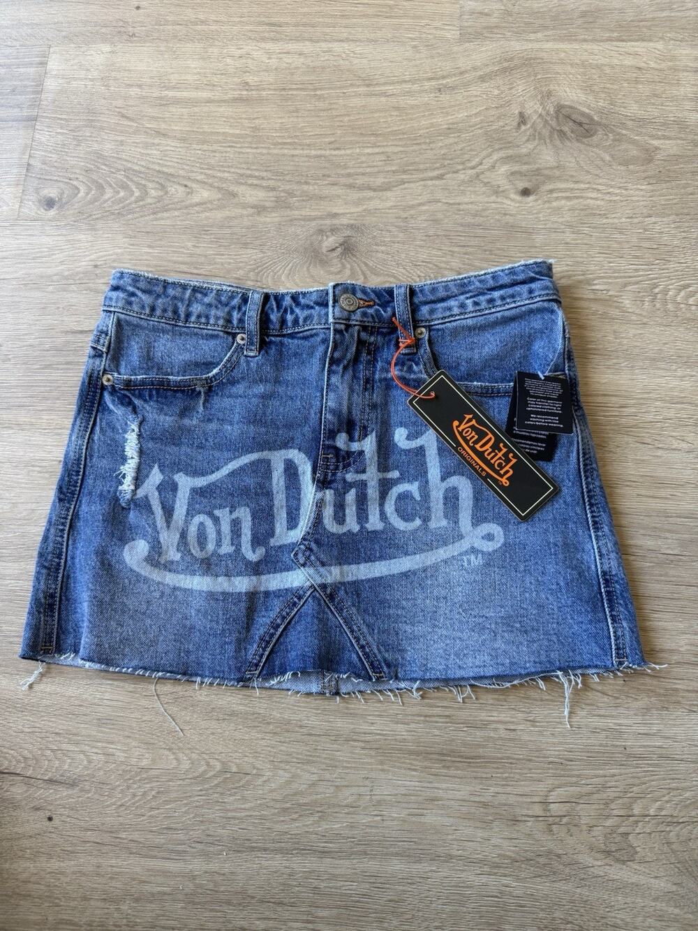 Von Dutch Y2K Micro Mini Denim Skirt Patch Pocket Blue 25